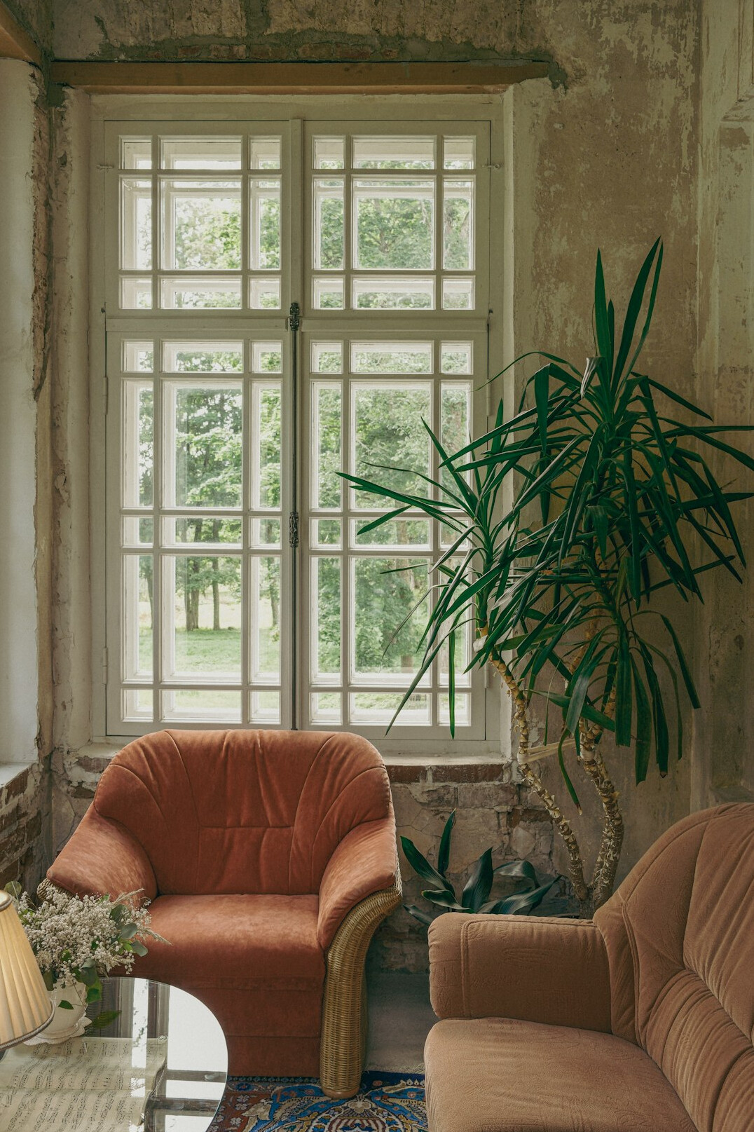 Salon luxueux avec mobilier vintage et grandes fenêtres